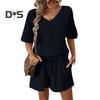 Женский повседневный наряд из 2 шт./компл., футболка с v-образным вырезом и короткими рукавами, эластичная резинка на талии, широкие шорты, комплект, сплошной цвет, тканевый наряд с морщинами