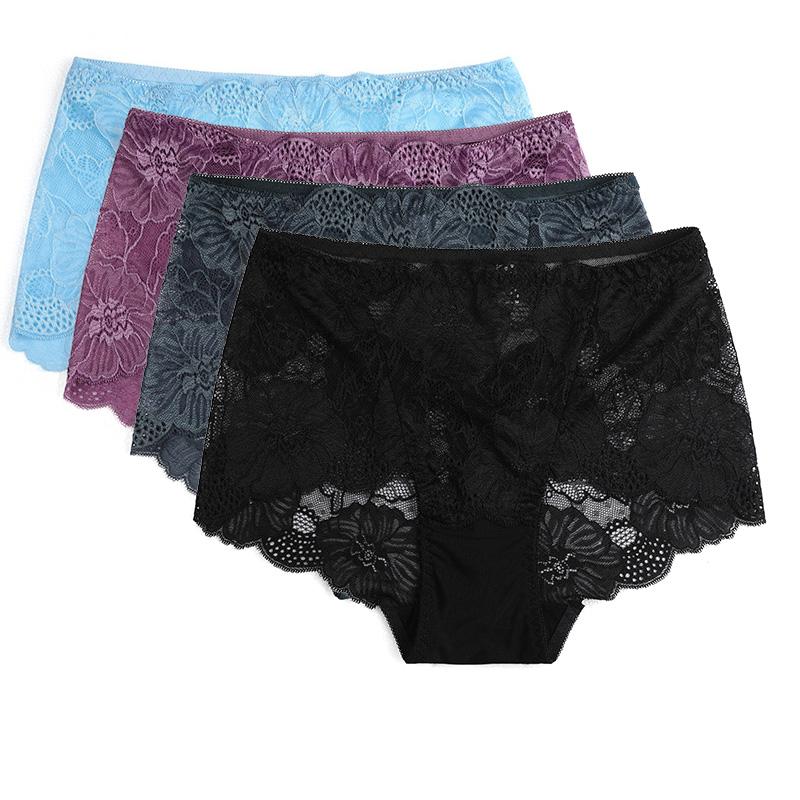 4pcs Plus Size M-XXL Panties Lace Floral Mid Rise Women Underwear Briefs High Quality Panty