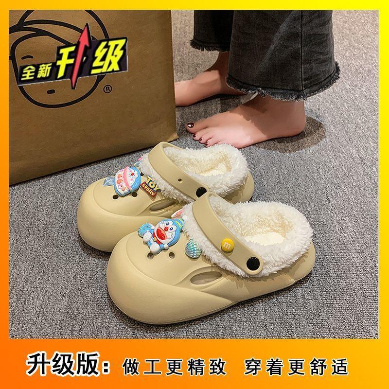 Модная верхняя одежда женские нескользящие пушистые тапочки на толстой подошве 2025 зима новая милая мультяшная теплая бархатная хлопковая обувь