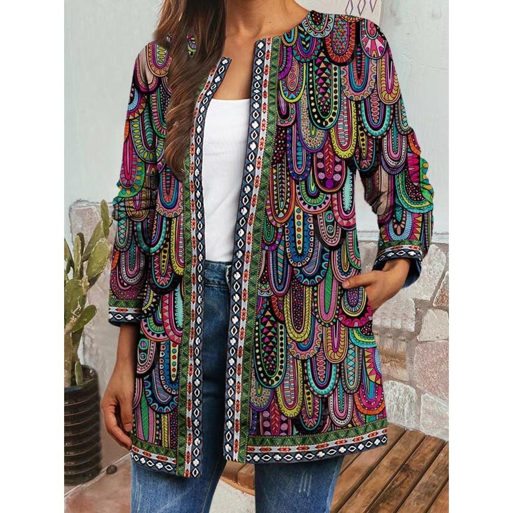 GMXIA Осень-зима винтажный этнический стиль принт большой размер куртка кардиган женская одежда