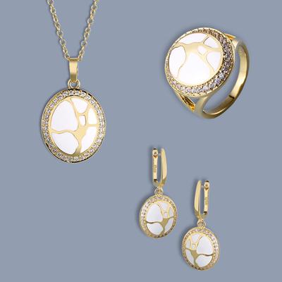 Китайский ветер нефрит текстура циркон 18 карат золото элегантный роскошный элегантный эмалевый комплект из трех предметов кольцо ожерелье серьги