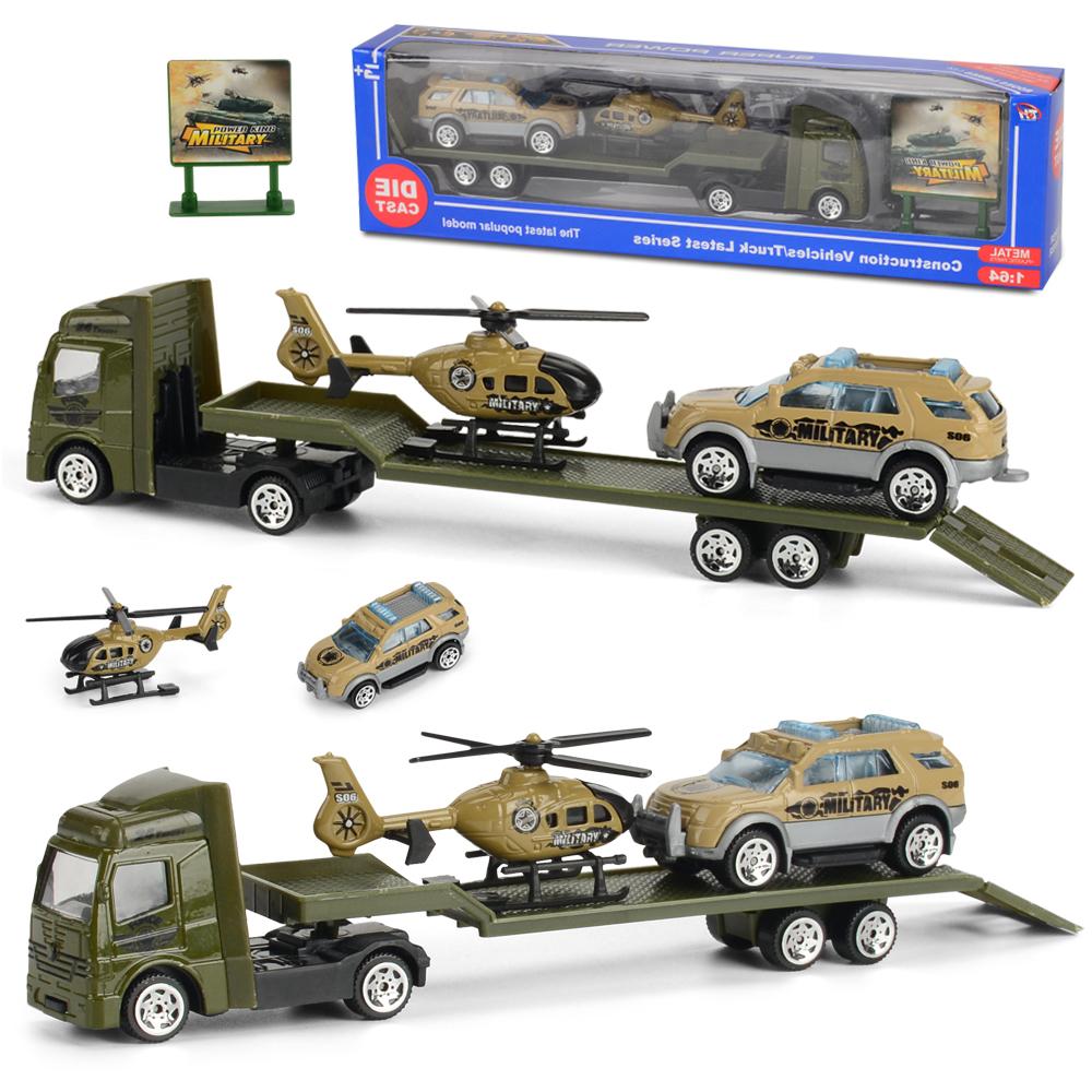 Mini Trailer Truck Toy, Alloy Plastic Construction Vehicle Truck Helicopter Models Gifts for Boys and Girls