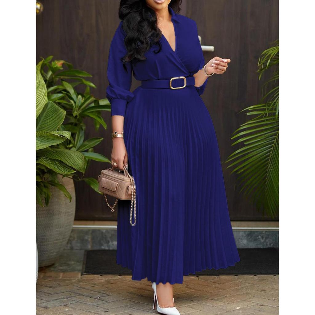 Qooth Модное женское элегантное однотонное плиссированное платье с длинными рукавами и v-образным вырезом. Элегантное повседневное платье больших размеров с поясом QT2359.