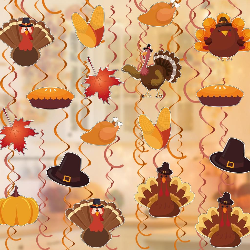 Horaldaily Thanksgiving 30 Pieces Party Hanging Swirl Decorations, Turkey Pumpkin Party Hanging Swirls Streamers Ceiling Decor for Home Office