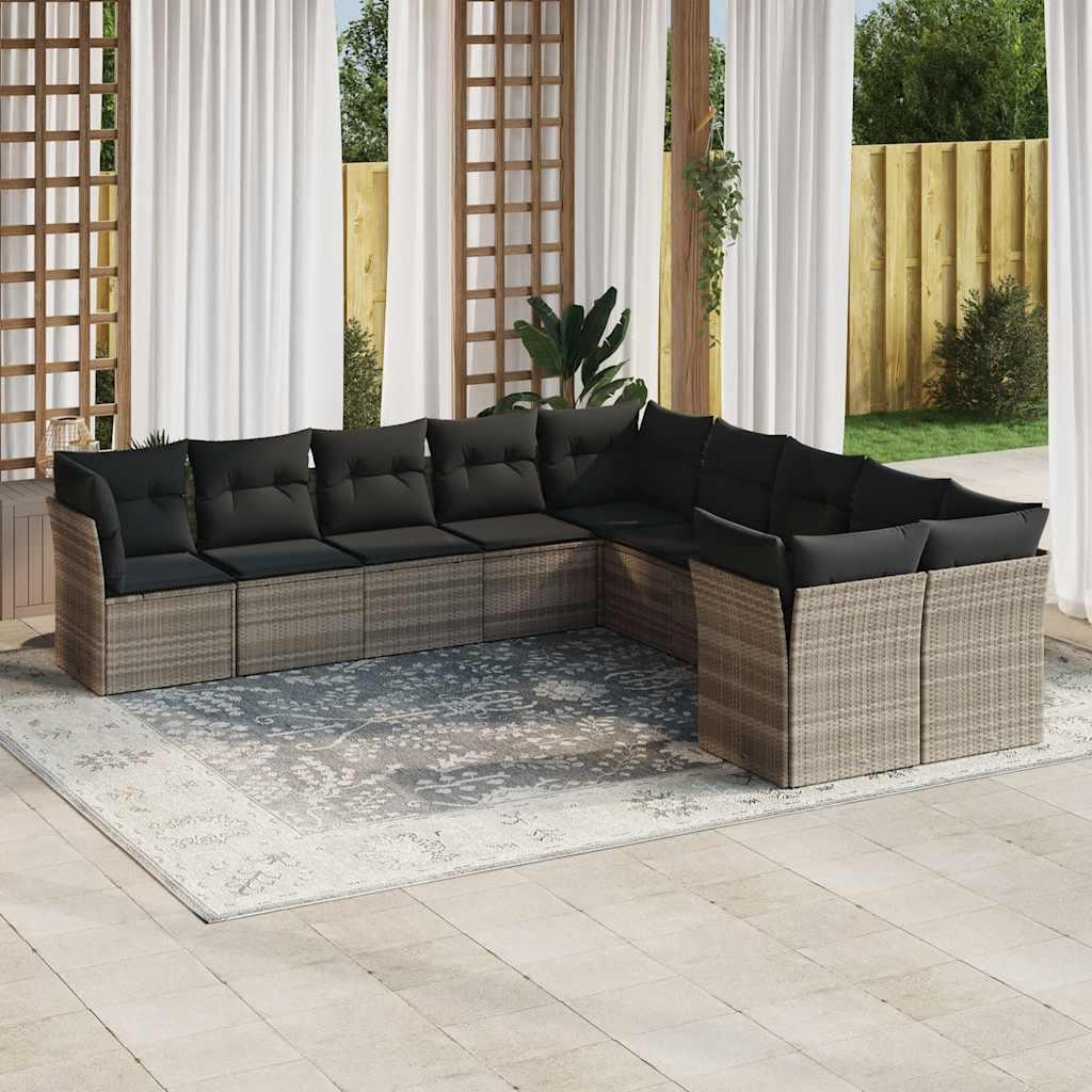 10 piece Garden Sofa Set with Cushions Light Grey Poly Rattan