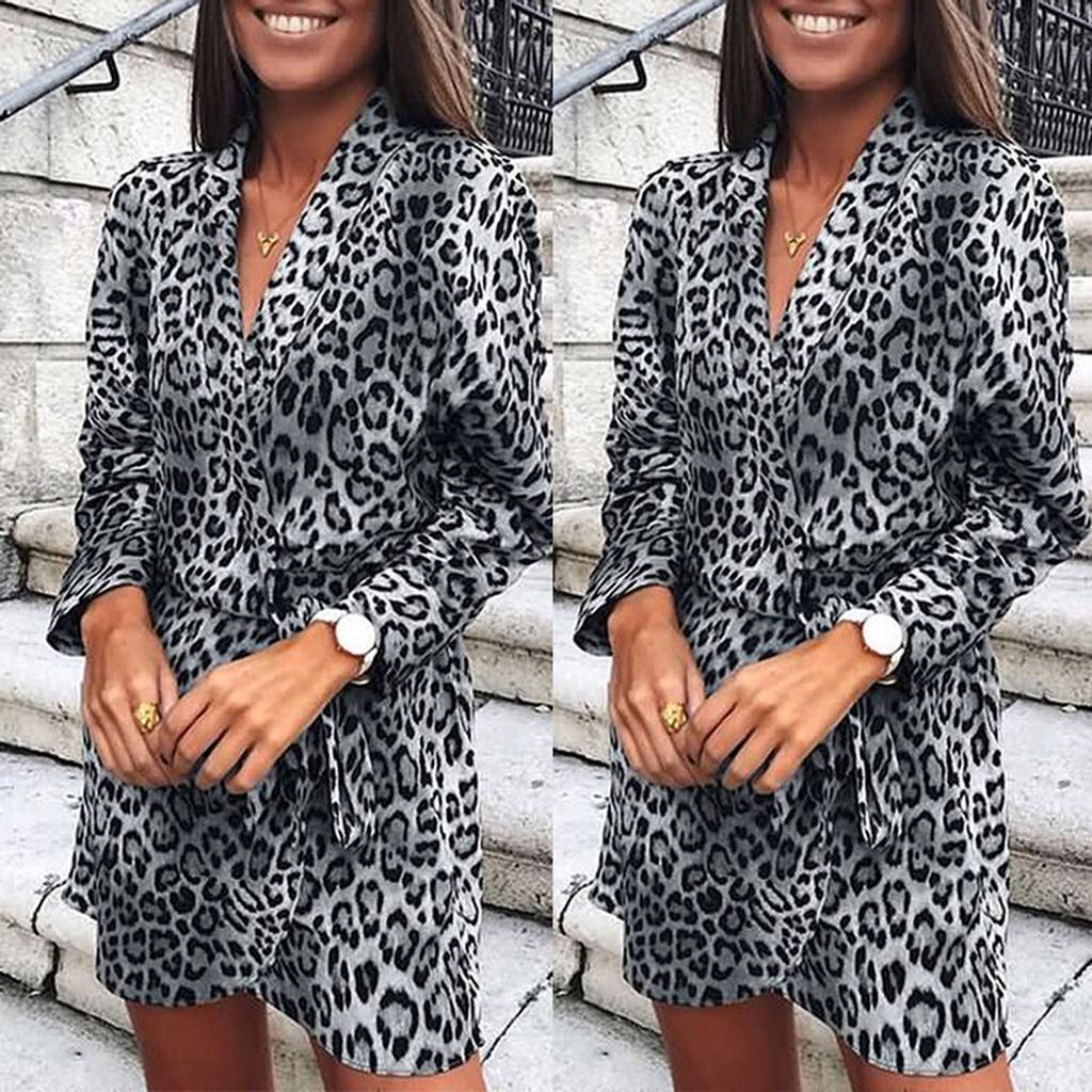 Women  Slim  Long Sleeve Leopard Printing V-Neck Bandage Irregular Dress