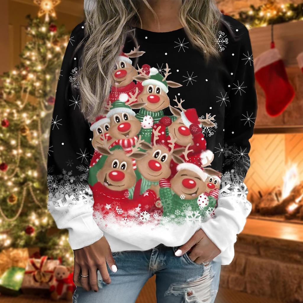 Женский свитер с рождественским рисунком оленя и снежинки, спортивная одежда, праздничный принт, рождественский топ с круглым вырезом, осень и зима XXS-6XL