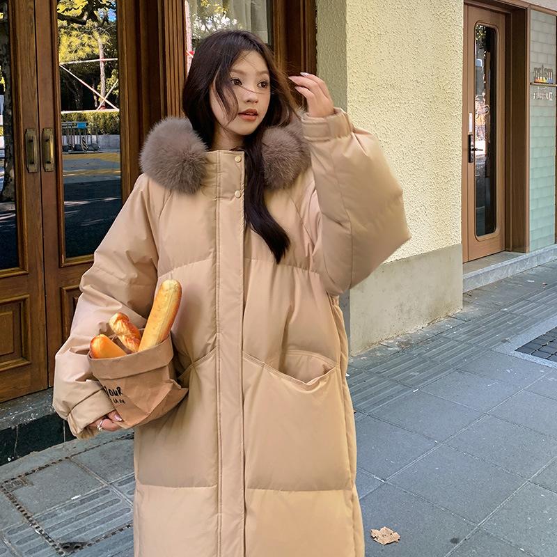 Свободное хлопковое пальто с капюшоном и большим шерстяным воротником для женщин на зиму, удлиненное до талии, хлопковая куртка ниже колена, защищающая от холода