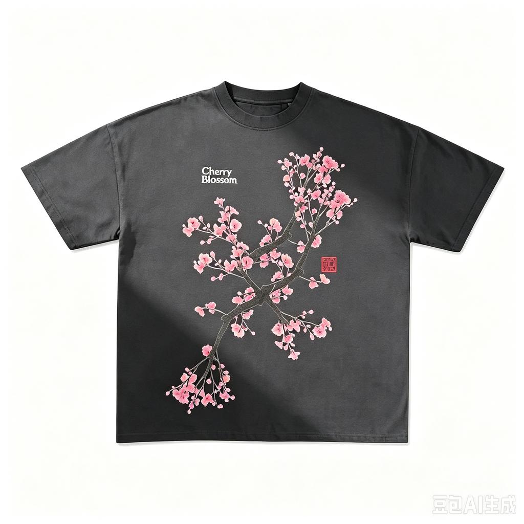 New Unisex Aesthetic Tee Oriental Sakura Flower Branch Print Casual Street Short Sleeve TShirt Tops