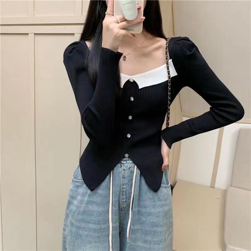Square Neck Contrasting Color Irregular Hem Short Knit Sweater for Women Autumn and Winter Slim Fit and Slimming Long Sleeved Top for Women