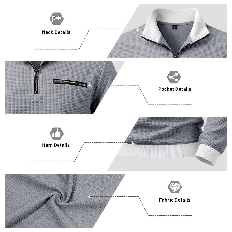 Spring and Autumn Men's Zipper Men's Waffle Casual Sports Polo Shirt Sweatshirt