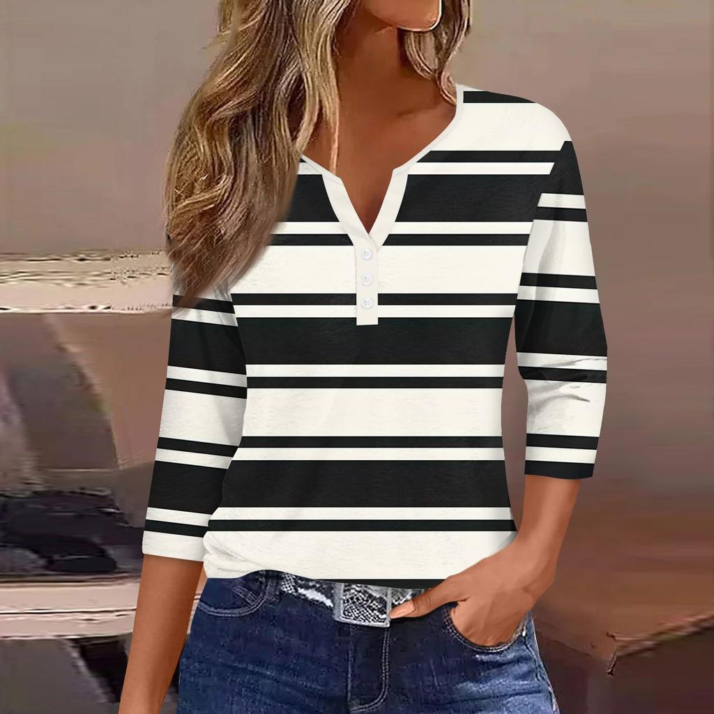 Women's Fashion Casual Striped Print V-Neck Decorative Button Three-quarter Sleeve T-Shirt Top