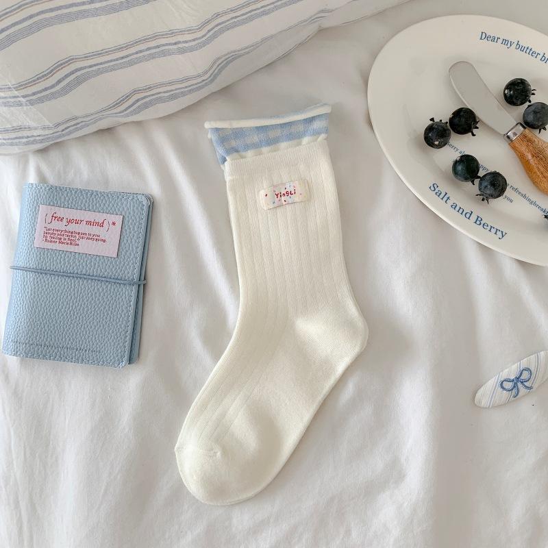 Радужные тканевые этикетки, ракушка, бант, носки в горошек для женщин, серые и синие полосатые, черные носки до середины икры с отделкой ушками