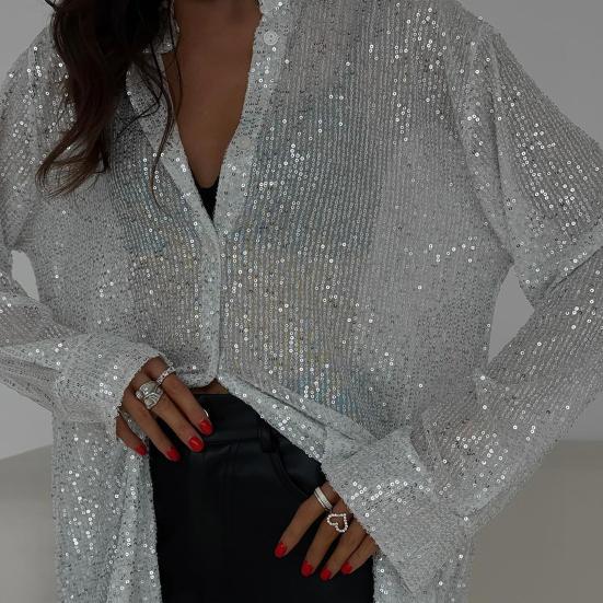 Женская рубашка с лацканами, длинным рукавом и блестящими пайетками, топы, свободного кроя, на скрытых пуговицах, рубашка-кардиган, одежда для вечеринок в ночном клубе