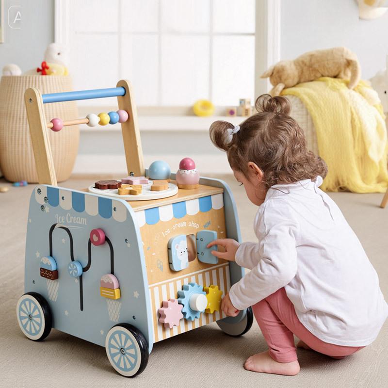 Multi-Functional Cartoon Ice Cream Wooden Baby Walker Stroller