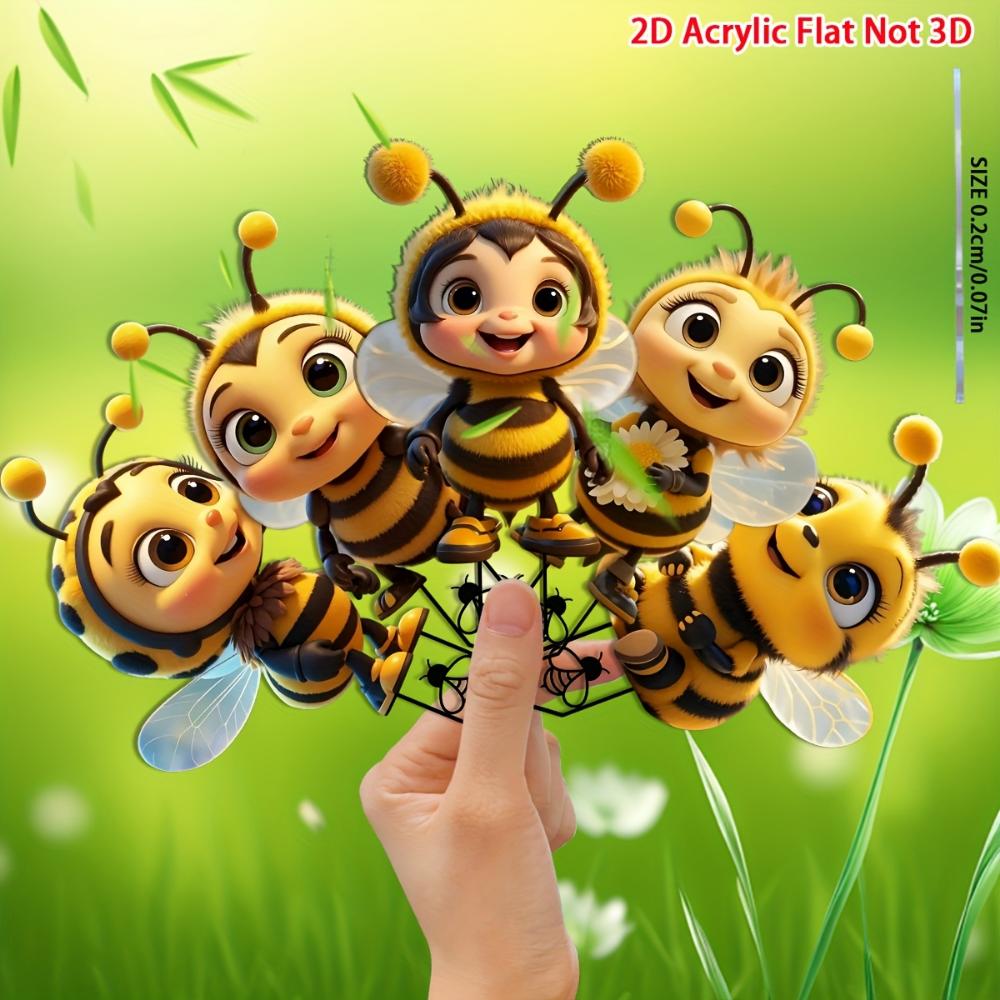 2D Flat 5-piece Set Cute Bee Friend Acrylic Garden Decoration for Patios, Lawns and Potted Plants - Ideal Holiday Gift