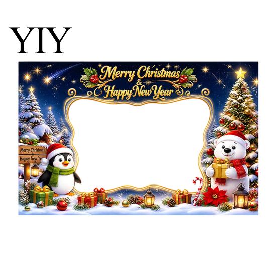 Large Portrait Viewfinder for Parties Christmas Cartoon Photo Booth Frame Banner, Xmas Selfie with Elk Reusable Festive Prop Penguin Bear, Holiday