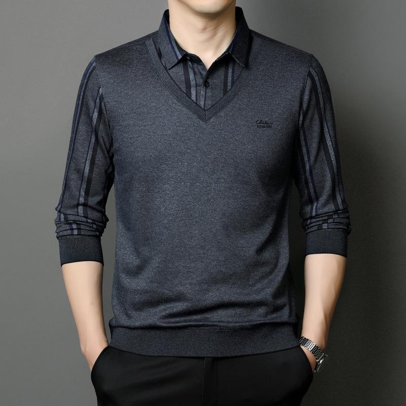Men's Sweater Fake Two-piece Autumn New Shirt Collar Sweater Casual Men's Middle-aged Fashion Simple Pullover