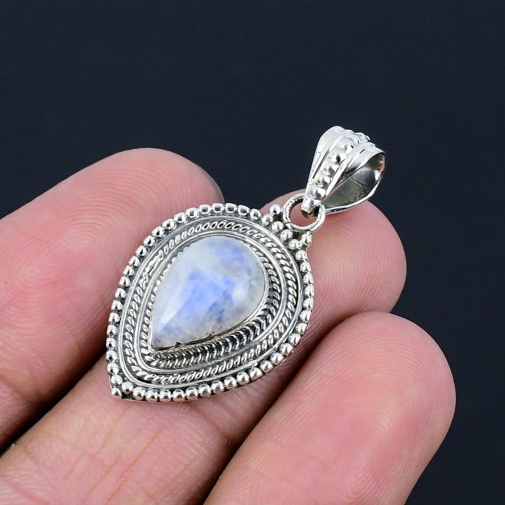 Natural Rainbow Moonstone Gemstone Pendant, 925 Sterling Silver, Handmade Moonstone Gemstone Pendant Jewelry Gift For Valentine's Day