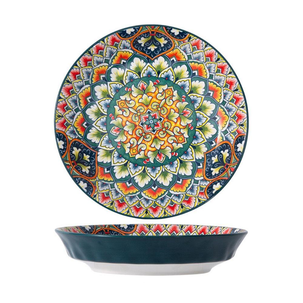 Round Bohemian Ceramic Plate Colorful Meal Dish Tableware Dinner Plate Housewarming Gift