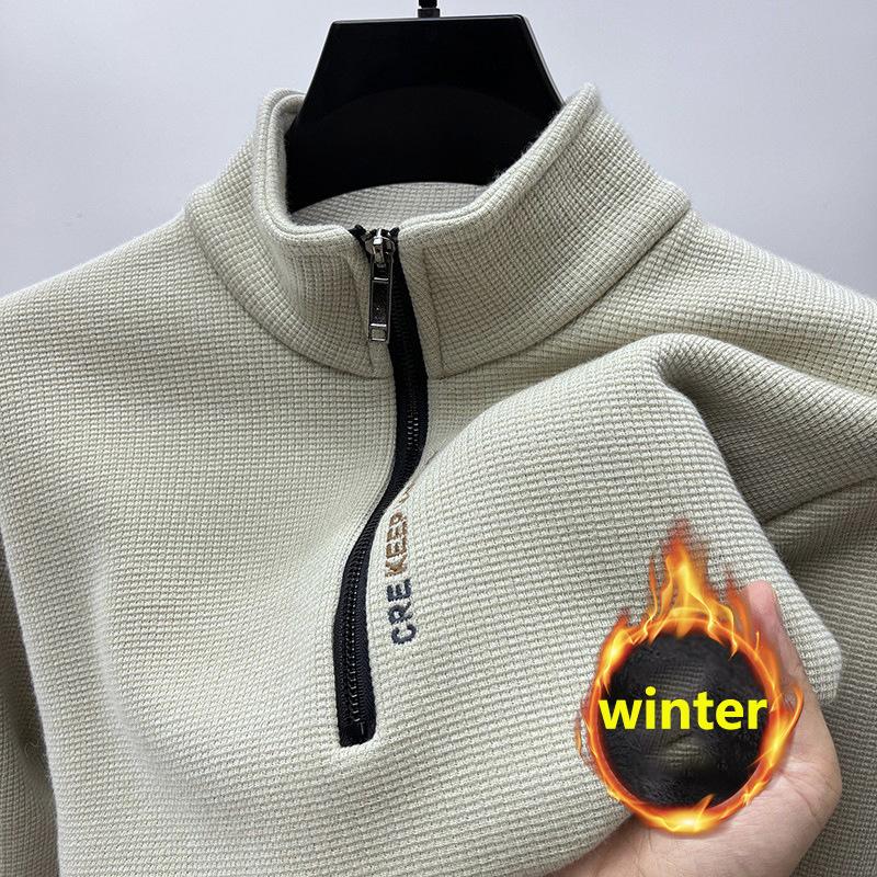 Plus Size Men's Autumn And Winter Sweatshirt Zipper Stand Collar Long Sleeves Thickened Fleece Solid Color Neck Guard Mid-length