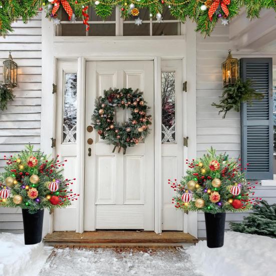 Искусственный рождественский наполнитель для урны с подсветкой, на батарейках, предварительно освещенные рождественские сосны со светодиодными огнями и треногой-колышком, праздничный наполнитель для кашпо для крыльца, двора