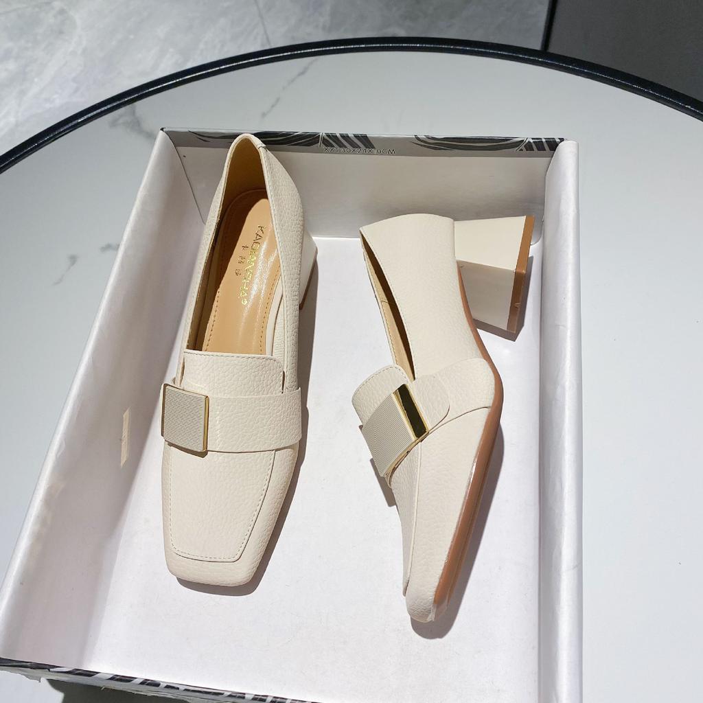 Metal Buckle Square Toe High Heels Women 2024 Spring and Autumn New Low Cut Mid Heeled Female Shoes Leather Fashion Single Shoes