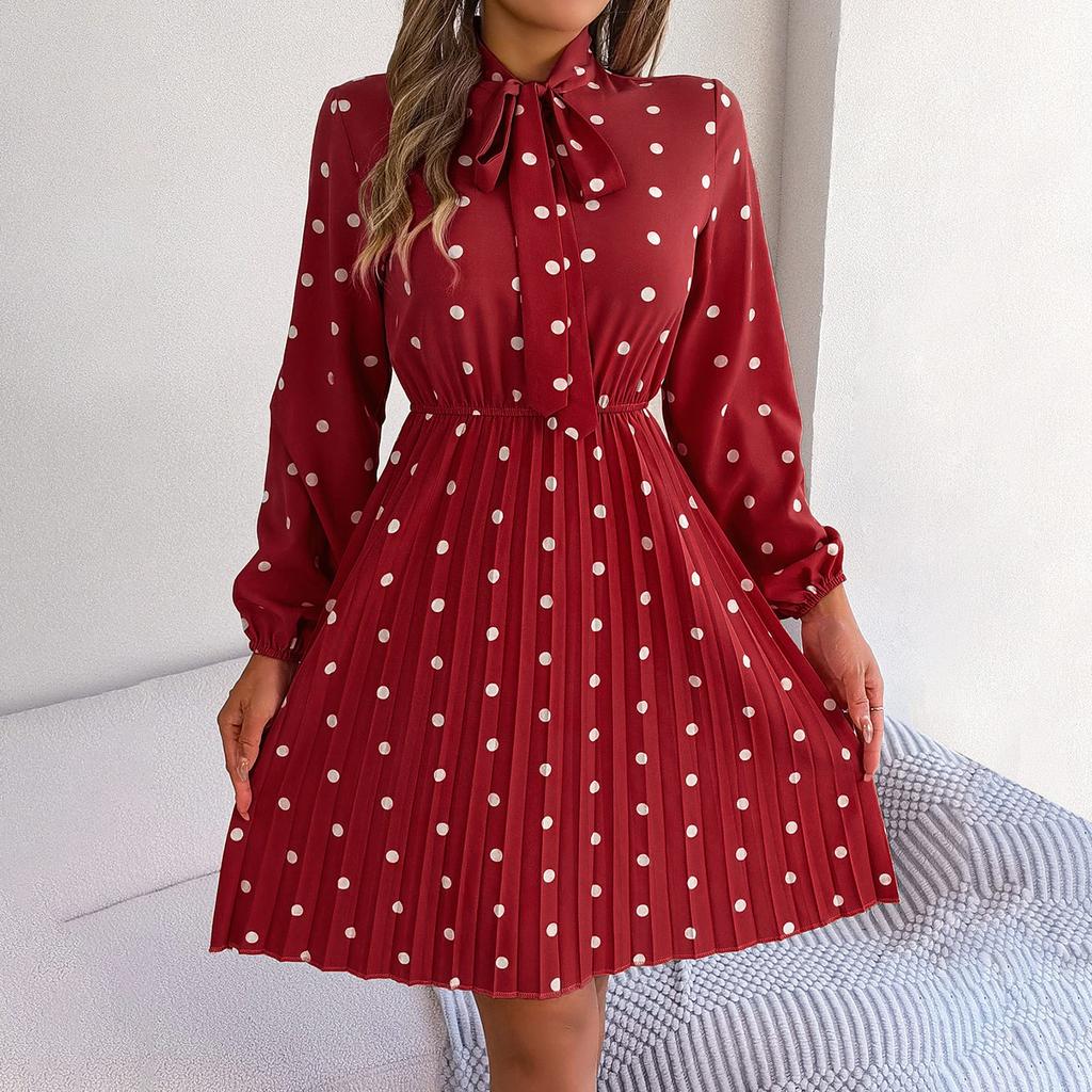 Ladies Spring And Summer New Temperament Polka Dot Lace-up Waist Long-sleeved Pleated Dress