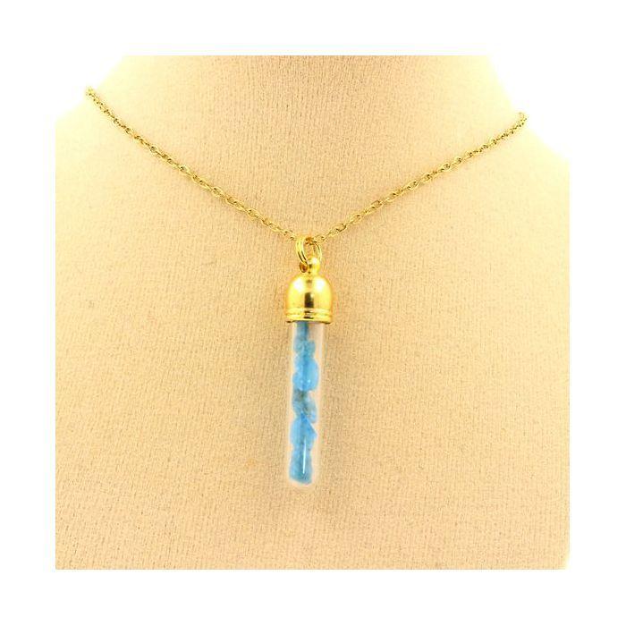Stones and Minerals. Raw Neon Blue Apatite Necklace. Tube Model. Gold Color.