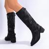 Block Heel Tall Boots Fall New Pointed Toe Rear Zipper Metal Belt Buckle Anti-Slip Wear-Resistant High Heels