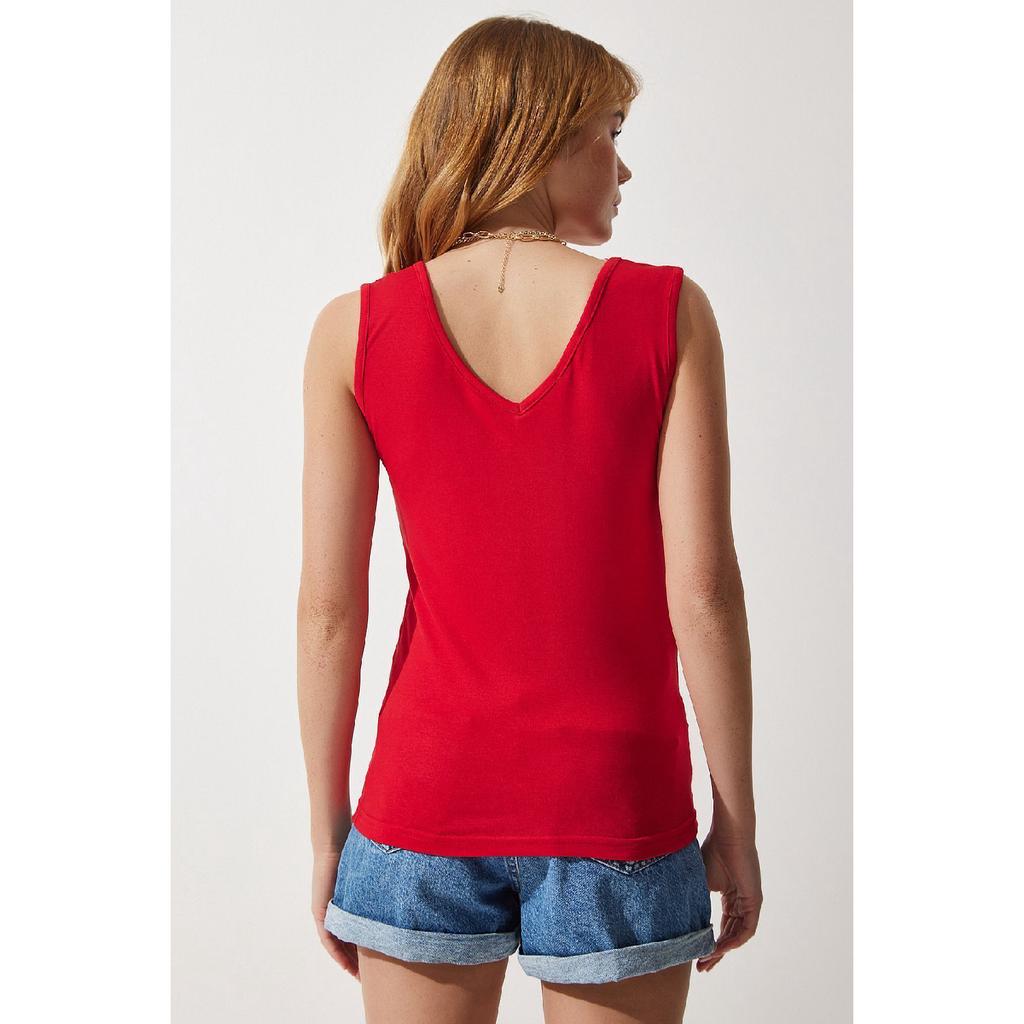 Deep Front Back V Neck Viscose Blouse Red