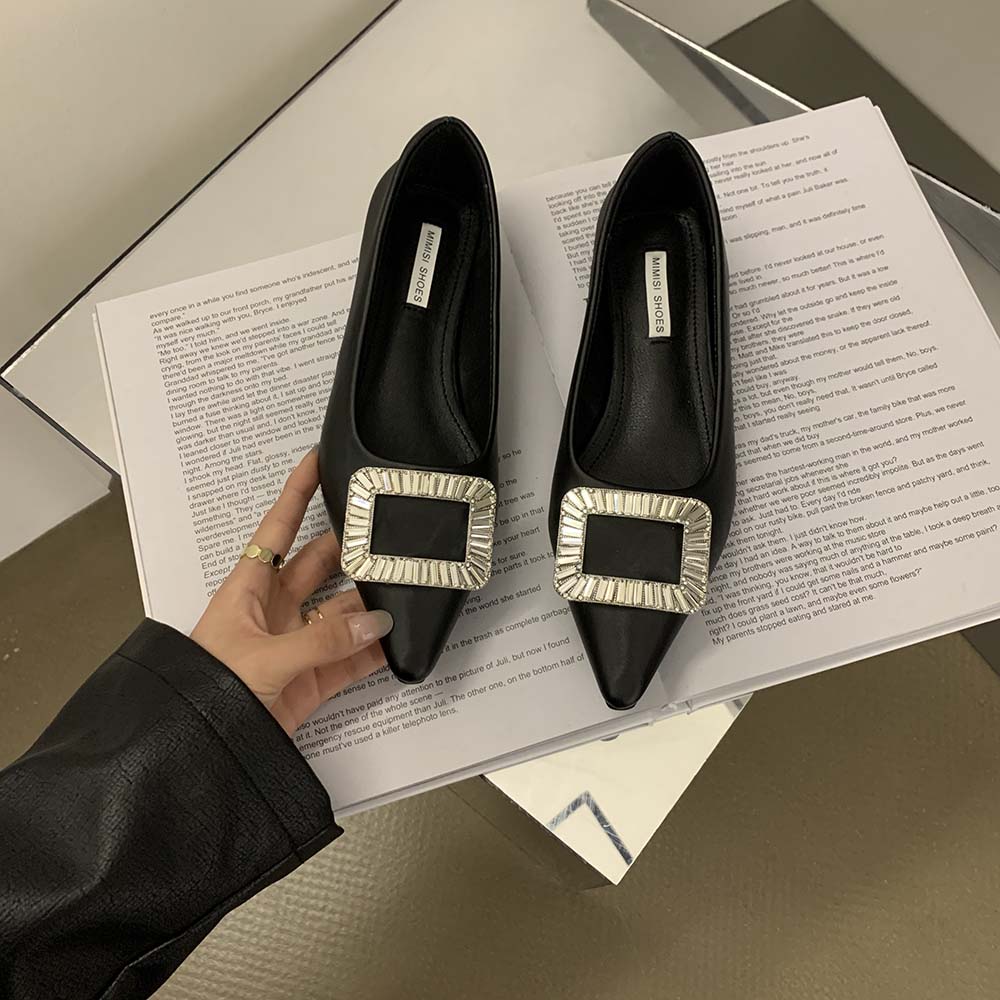 Fashion Casual Women Slides Flat Loafers 2024 New Arrivals Black Rhinestone Buckle 2024 New Arrivals Shallow Slip On Dress Shoes Woman
