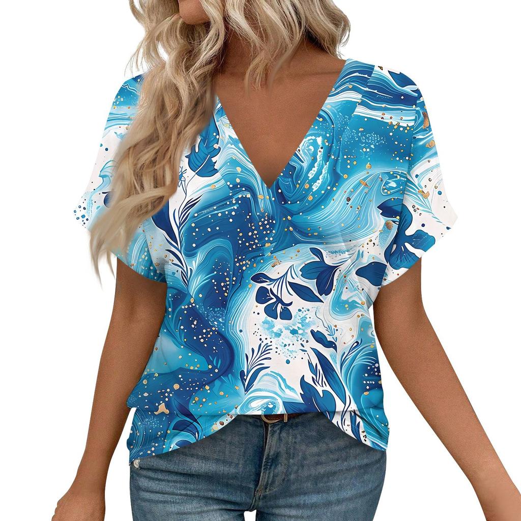 Women's Short Sleeve Shirts V Neck Print Tops Casual Tops Basic Tees Blouse Loose Tops
