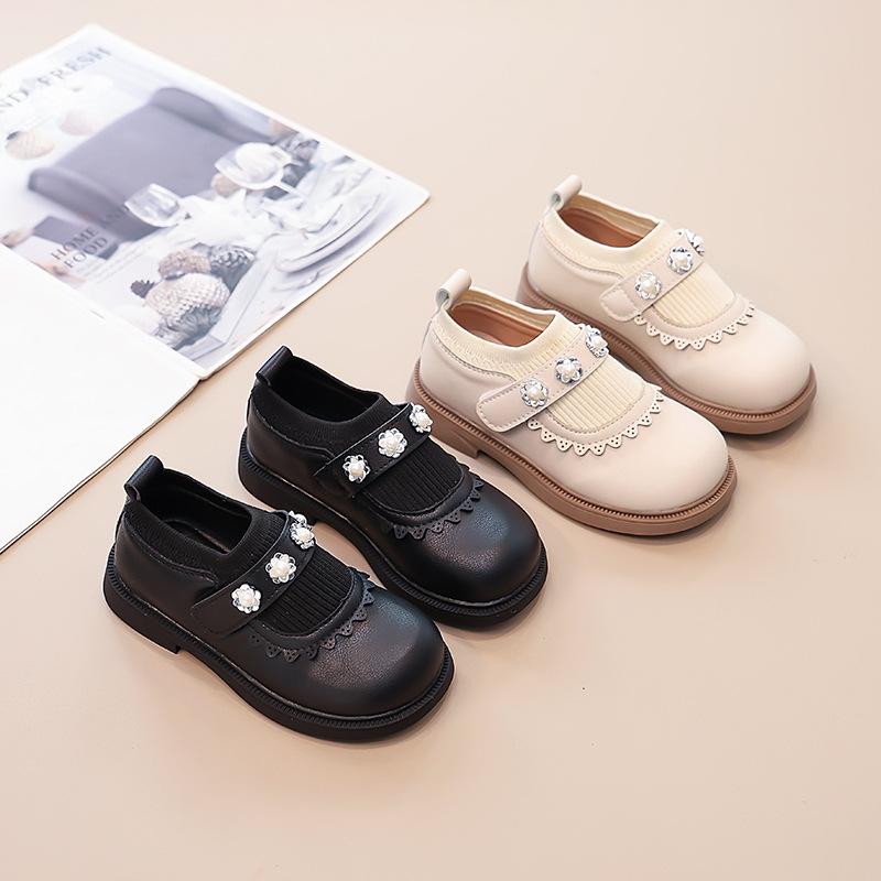 New Spring Autumn Girls Princess Shoes Soft Sole Pearl Decor Knit Casual Flats
