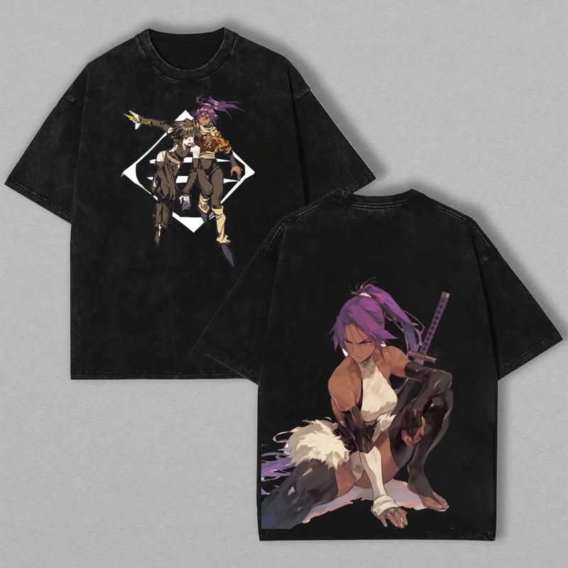 Anime BLEACH Shihouin Yoruichi Wash T-shirt Men Women Short Sleeve Clothing Cotton Tshirt Retro Washed T Shirt Manga Tops
