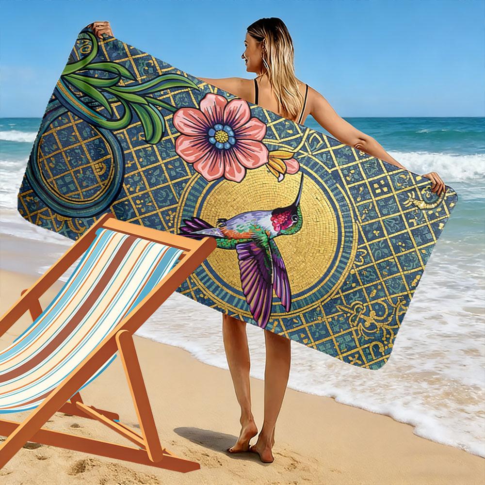Hummingbird dances with blossom Print beach towel, quick drying, suitable for travel, outdoor sports, jogging, the beach and swimming, gift
