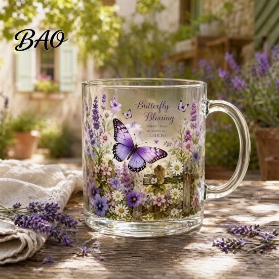 Garden Style Tea Cup Morning Glass Cup, Hummingbird Flower Pattern Tumbler with Gold Rim, Nature Elegant Edge Themed Glassware for Coffee Juice