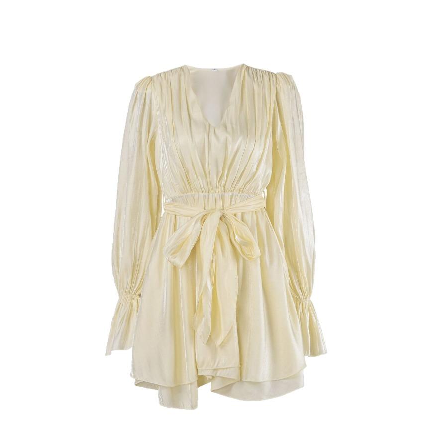 2026 Spring Summer New Puff Long Sleeve Dress Women Elegant Design Waist Cinch A-line Swing Dress