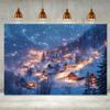 2D Flat, Winter Snowy Christmas Village Tapestry - 2D Flat Holiday Wall Hanging with Shiny Lights, Snowy Trees & Night View - In