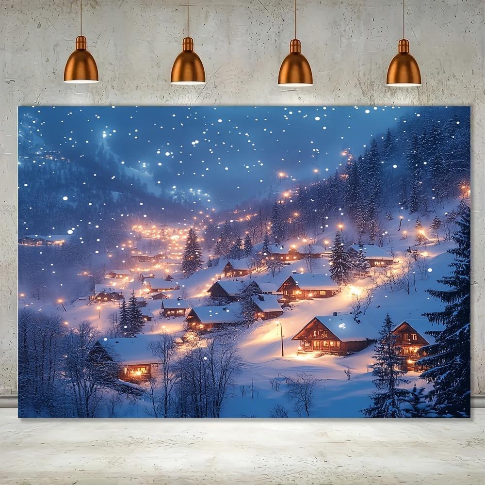 2D Flat, Winter Snowy Christmas Village Tapestry - 2D Flat Holiday Wall Hanging with Shiny Lights, Snowy Trees & Night View - In