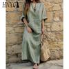 HNXC S-5XL Women Spring Summer Clothing Plus Size Ladies Cotton Linen Loose Striped Long Dress with Pockets