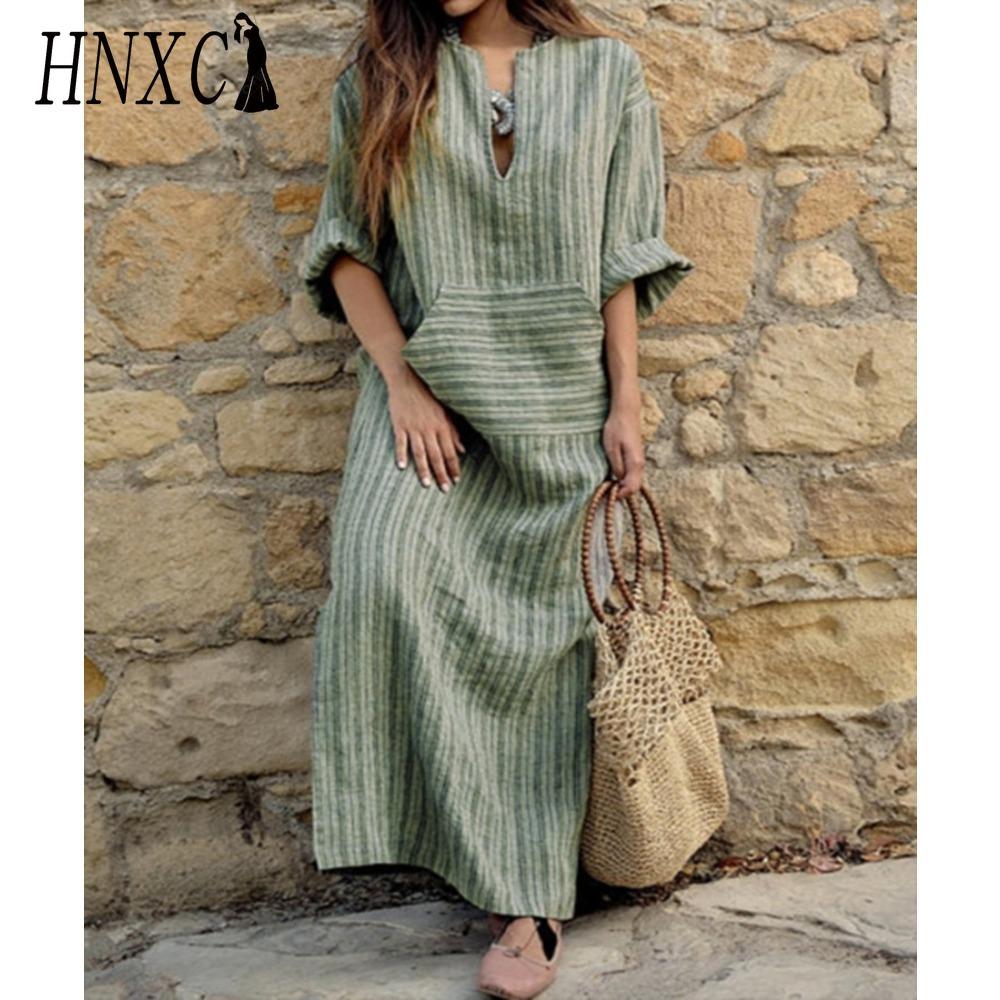 HNXC S-5XL Women Spring Summer Clothing Plus Size Ladies Cotton Linen Loose Striped Long Dress with Pockets