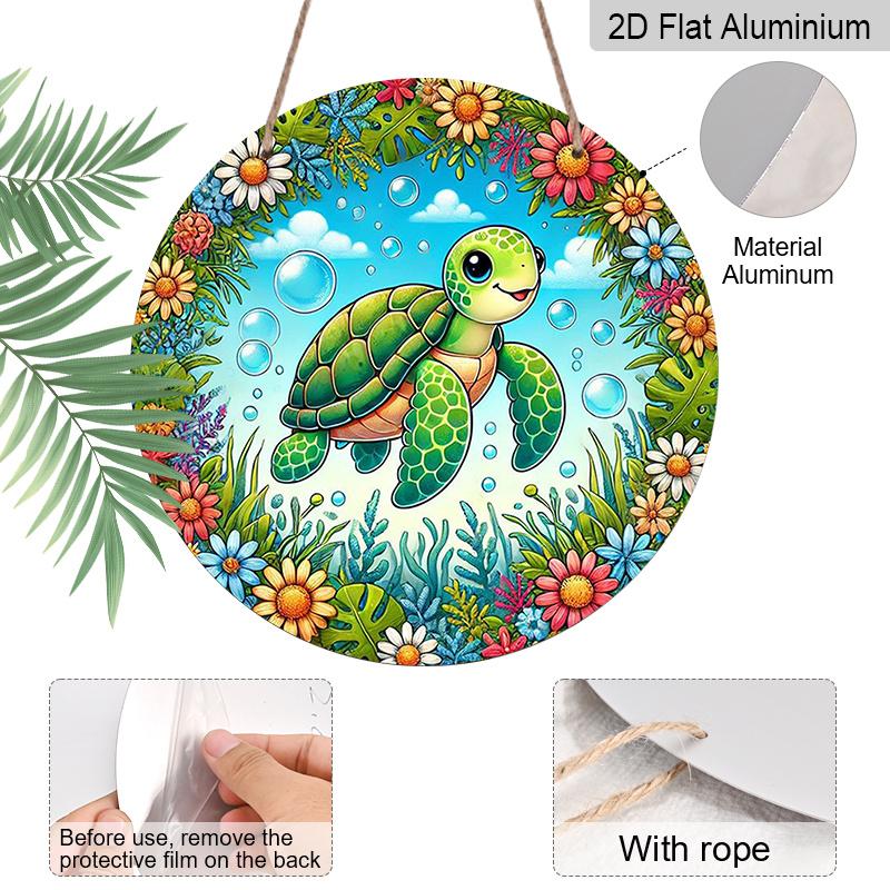 2D Flat - A 1pc 7.87*7.87In/20X20Cm 2D Flat Round Sign Featuring a Cute Cartoon Turtle And Floral Retro Decor, Representing Marine Life And