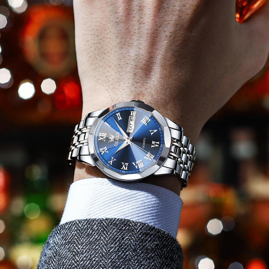 OLEVS Analog Popular Business Arm Fashion Silver White Blue Stainless Steel Silver Watch for Luminous Pressure Easy To Read Arm Easy To Wear Men's