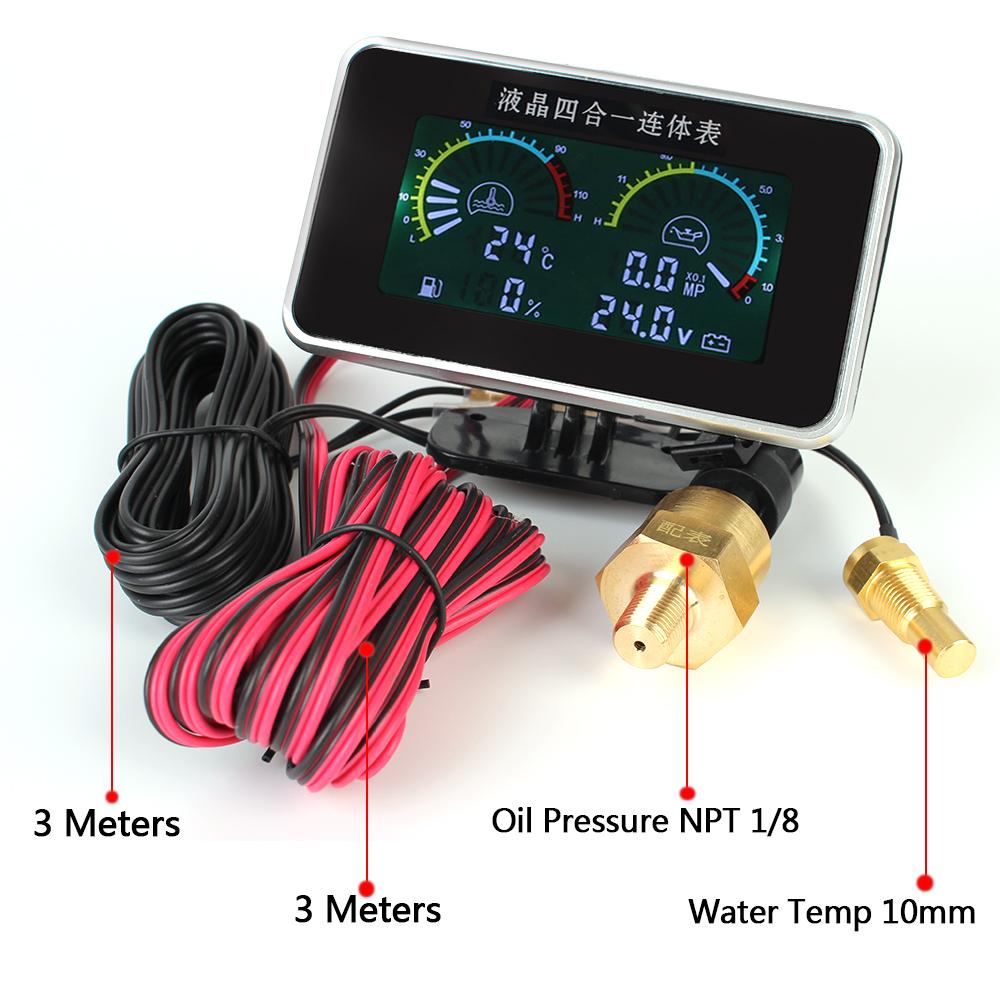 LCD Car Digital Oil Pressure Gauge Instrument Panel Voltmeter Water Temp Meter 4 In 1 Digital Display Sensor