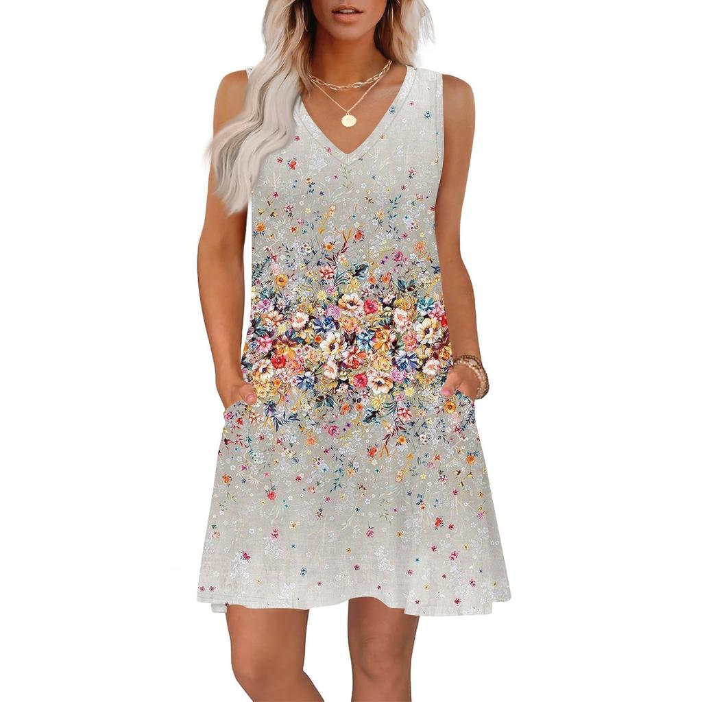 Женские летние платья свободного кроя с принтом V-образным вырезом без рукавов сарафаны пляжное гавайское платье с карманами