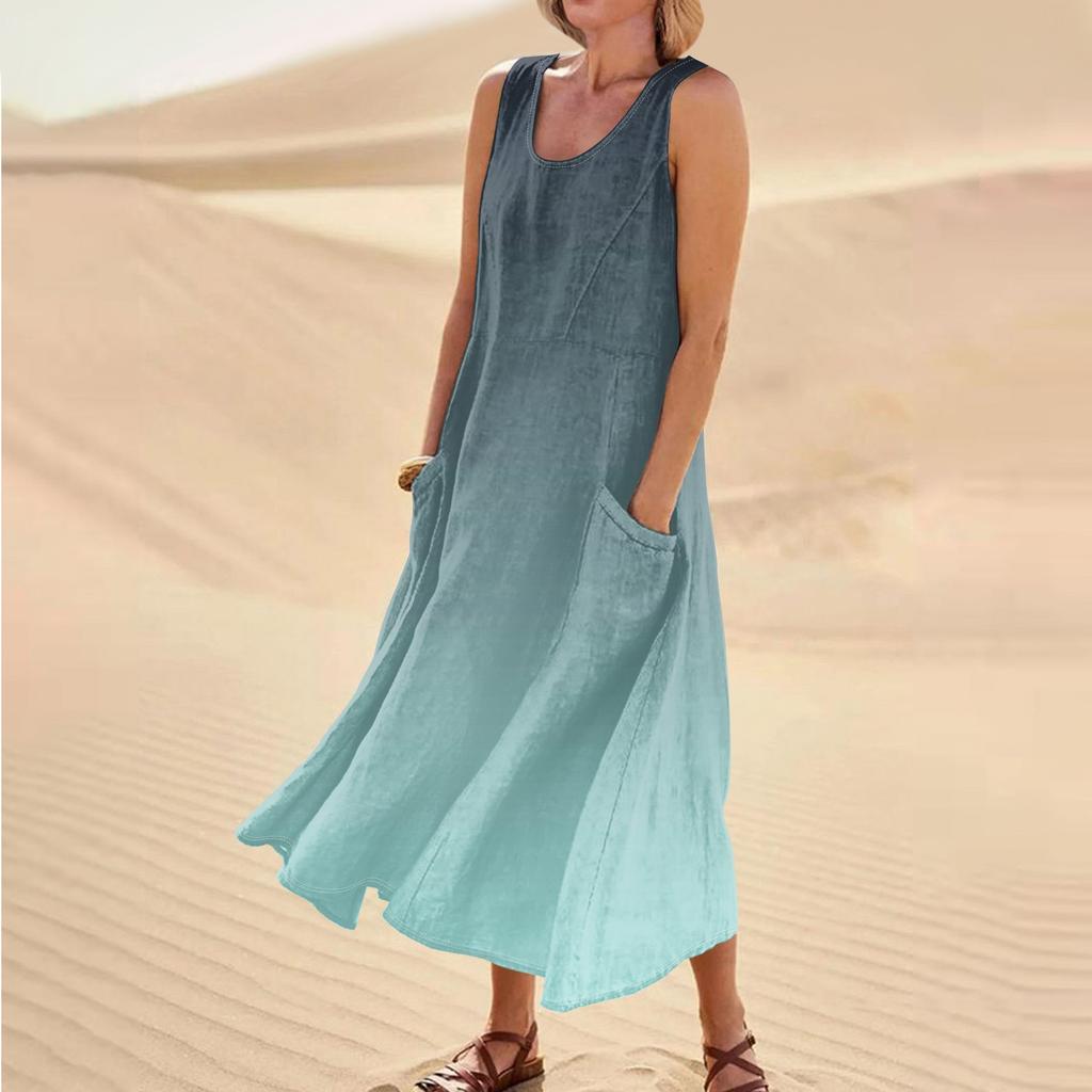 Женское летнее повседневное модное платье без рукавов с круглым вырезом и карманом в стиле ретро
