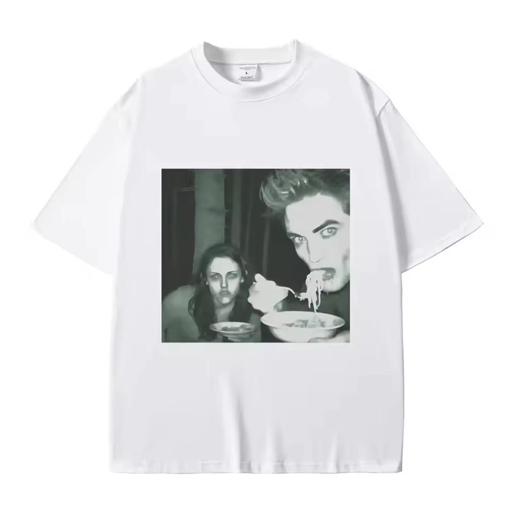 Funny Twilight Edward And Bella Eating Noodles In The Forest Tshirt Robert Pattinson Meme Tshirt Men Vintage Oversized T Shirts