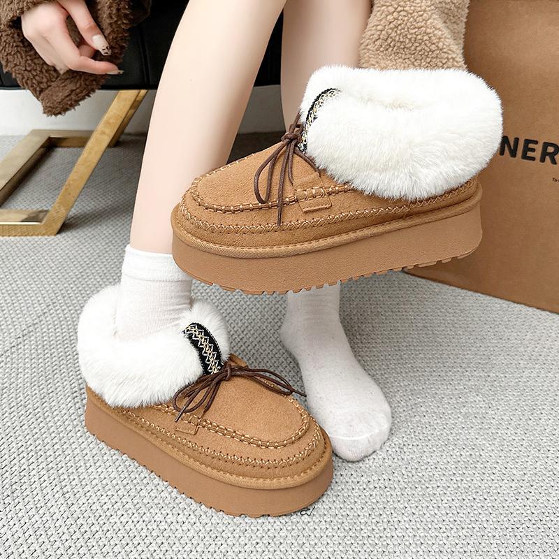 Зимние ботинки для женщин, искусственный мех, платформа, шнуровка, пушистый мех, лыжные ботинки, женская повседневная теплая хлопковая обувь для отдыха на открытом воздухе