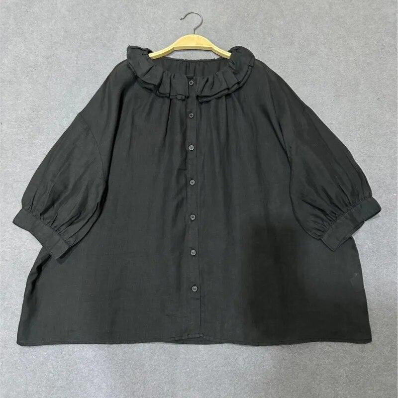 Johnature Летние японские женские рубашки с оборками и воротником, винтажные повседневные однотонные блузки с половиной рукавов